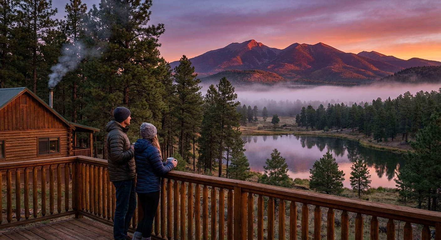 Sunrise over Flagstaff landscape near vacation rental, colorful sky and pine trees