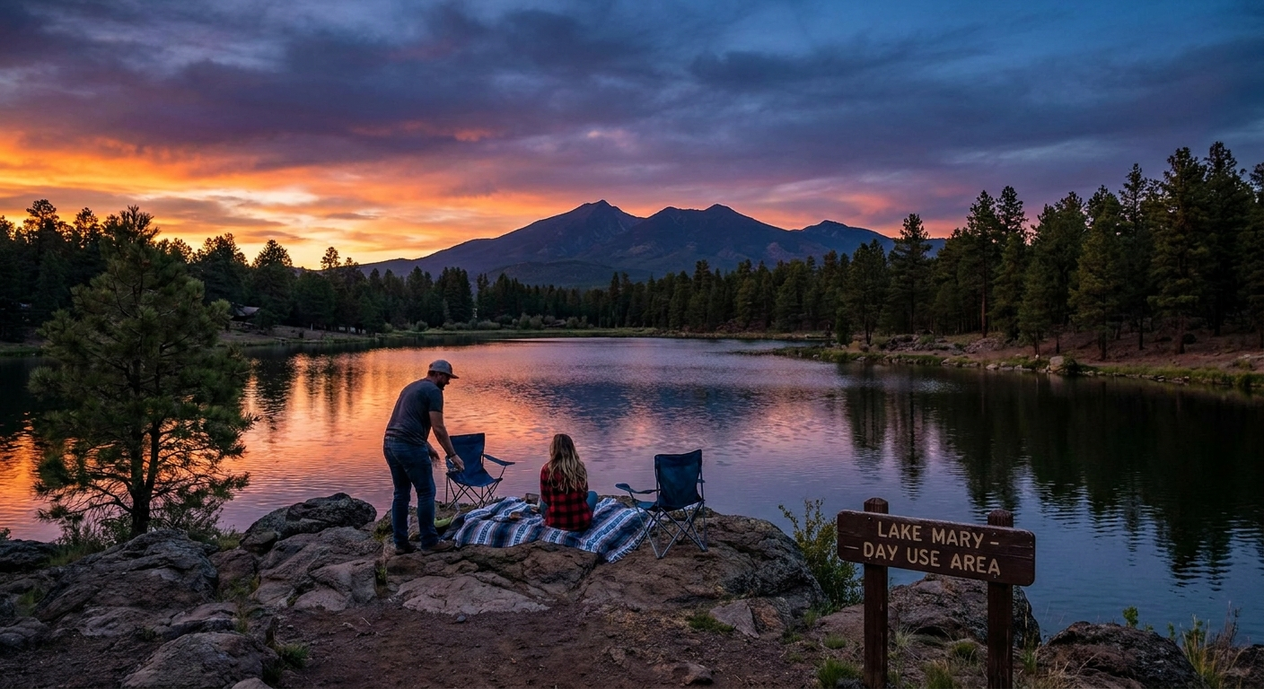 Flagstaff sunset view near vacation rentals with colorful sky and mountain silhouettes