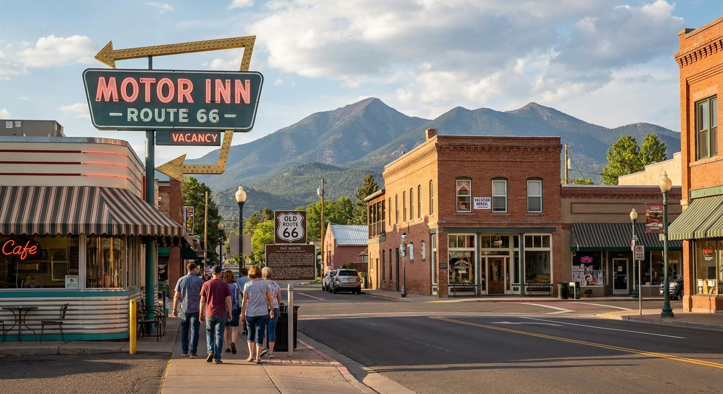 Flagstaff vacation rental near Route 66 attractions with neon signs and historic downtown scenery